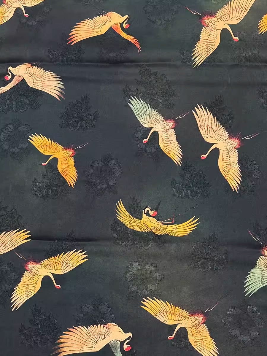 XYHYS 黑色瑞鹤图- Jacquard HUALUO Hongyunsha silk fabric, 26 momme openwork texture, 110cm by the Yard