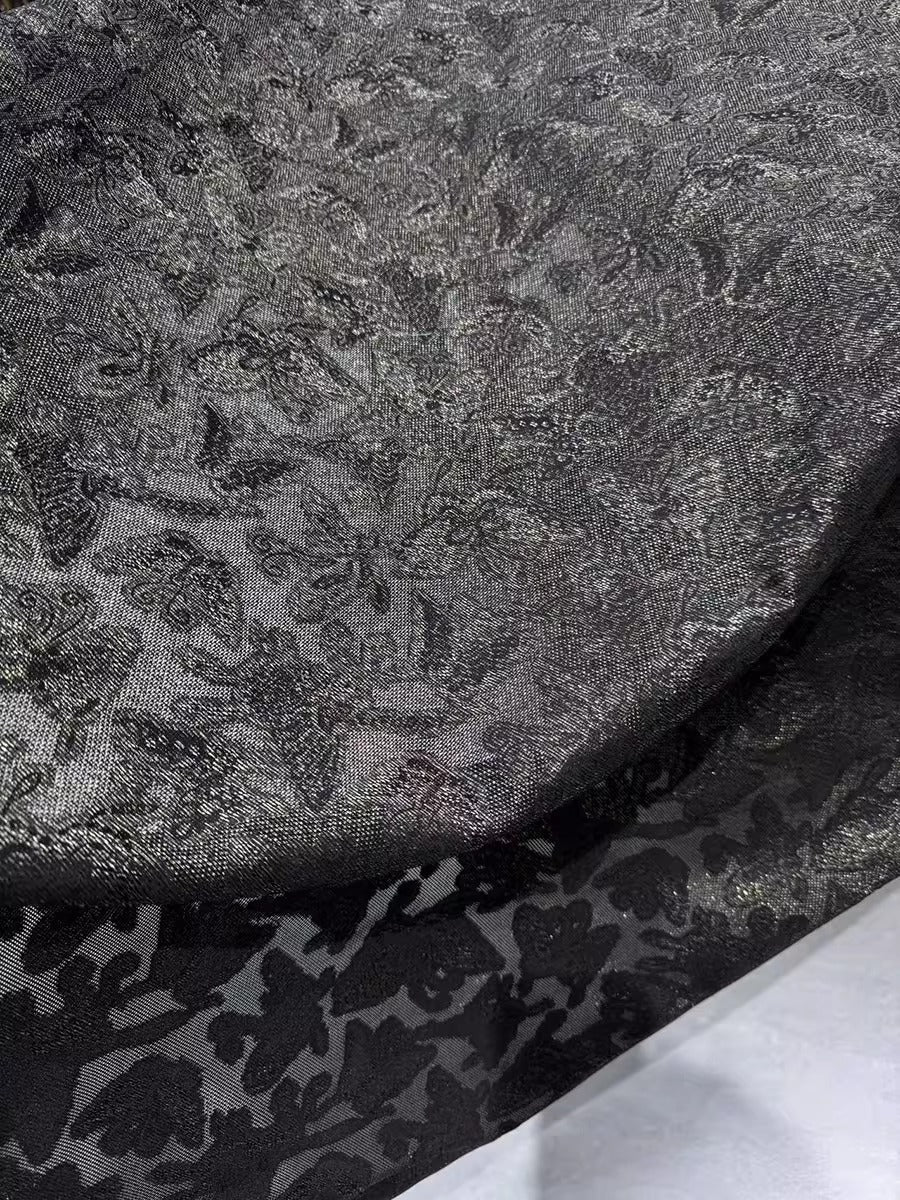 XYLN035 - Leno silk fabric, Gold weave Yarn-dyed, black butterfly , 25 momme 114cm wide by the yard