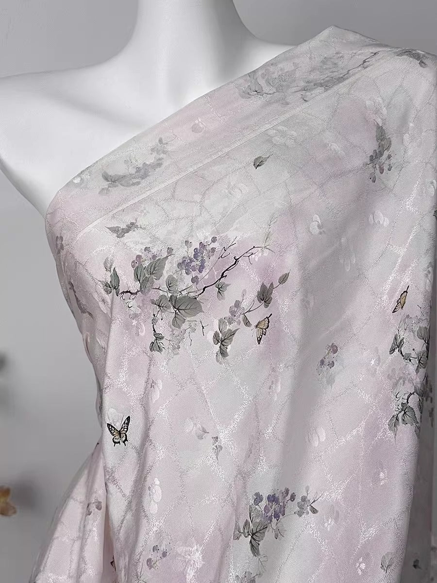 XYLN051 - Leno silk fabric with beautiful prints, Butterflies in Love with Flowers, 114cm wide by the yard