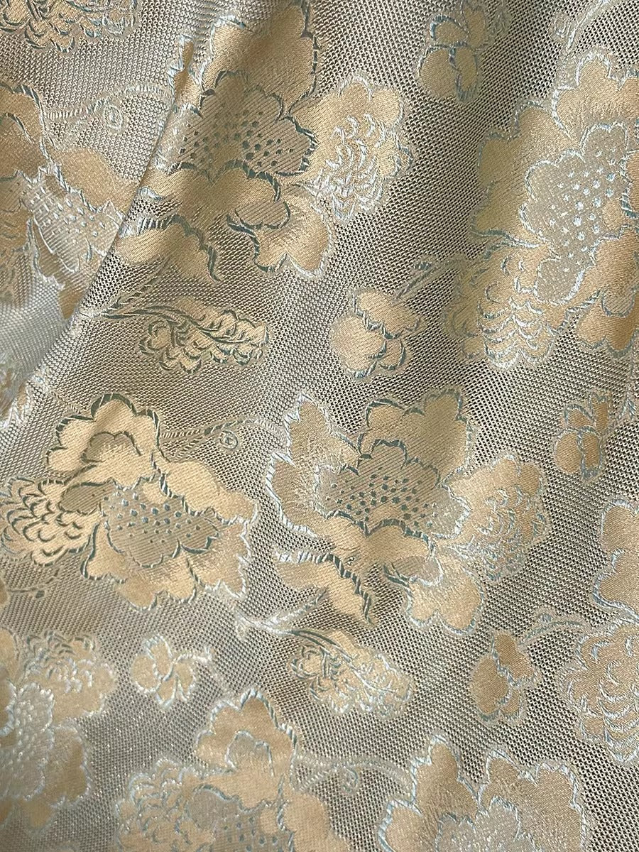 XYLN040 - Leno silk fabric, Gold weave Yarn-dyed, gold peony, 25 momme 114cm wide by the yard