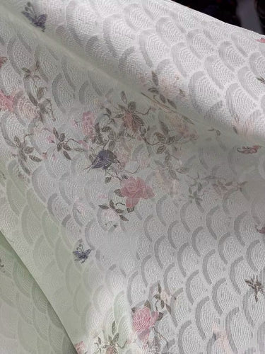 XYLN045 - Leno silk fabric with beautiful prints, crabapple and birds, 114cm wide by the yard