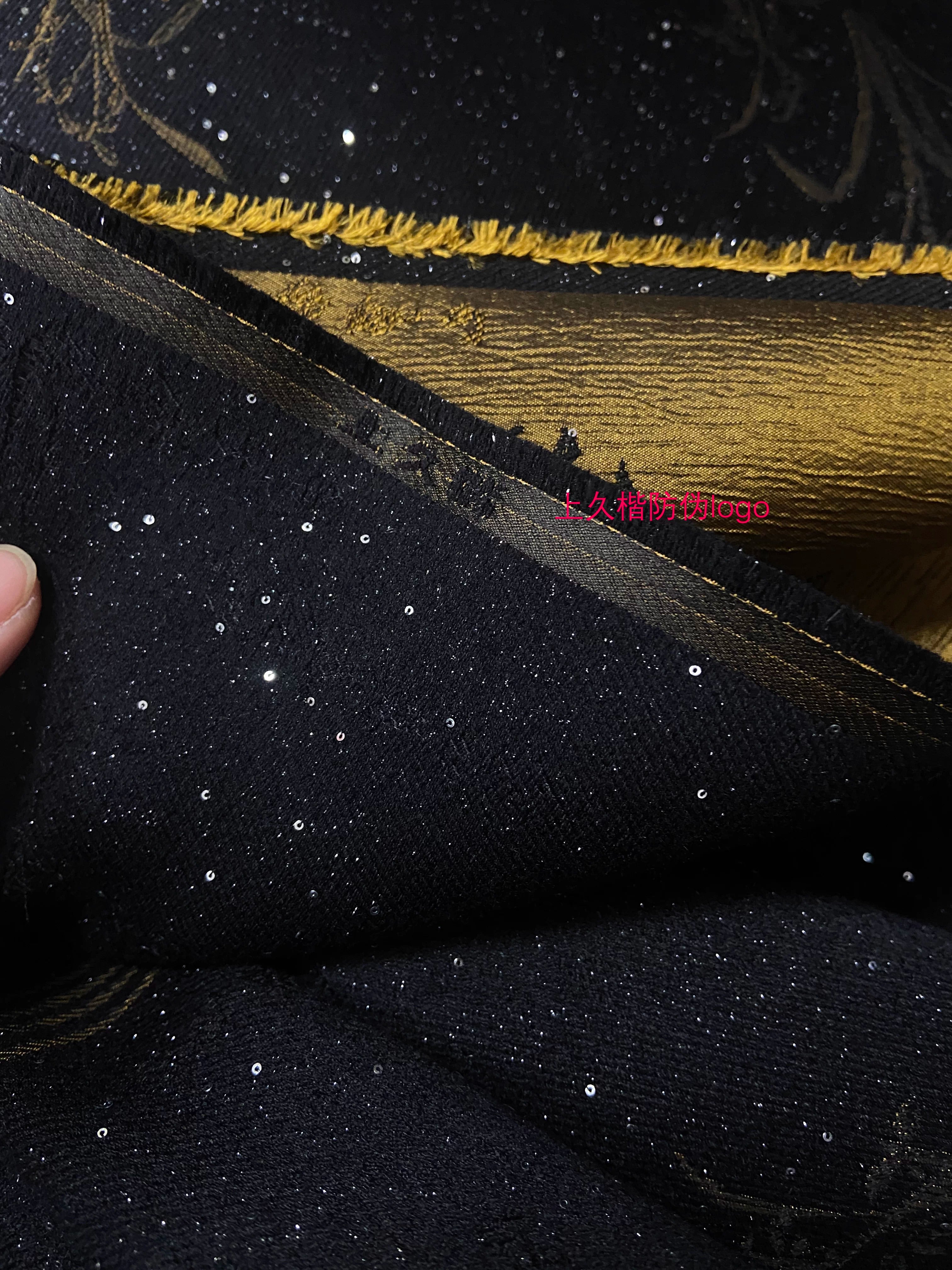 SJKSM010- Jacquard silk wool blend fabric,  53 momme ,ink black, 135cm wide by the yard