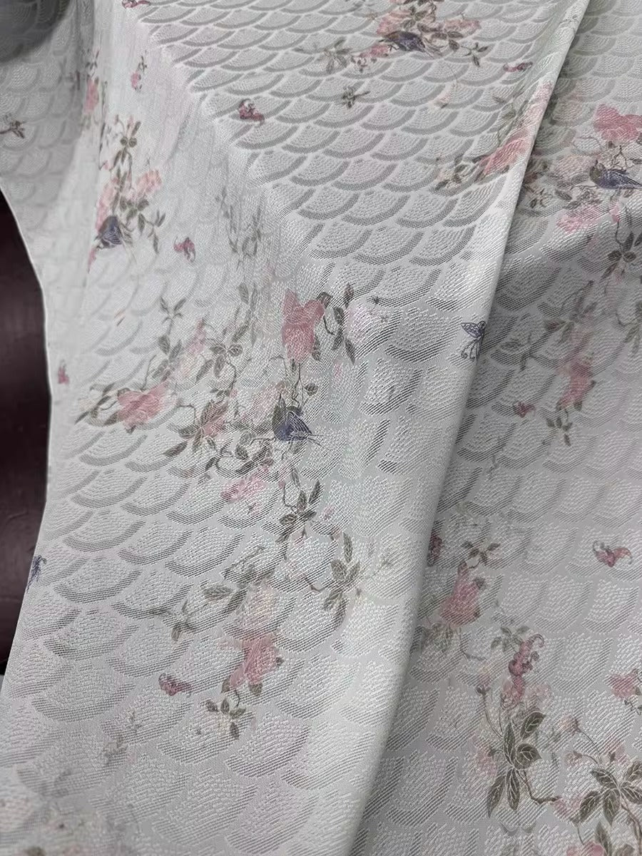 XYLN045 - Leno silk fabric with beautiful prints, crabapple and birds, 114cm wide by the yard