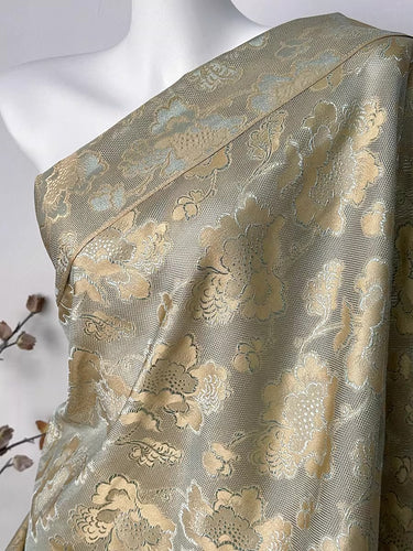 XYLN040 - Leno silk fabric, Gold weave Yarn-dyed, gold peony, 25 momme 114cm wide by the yard