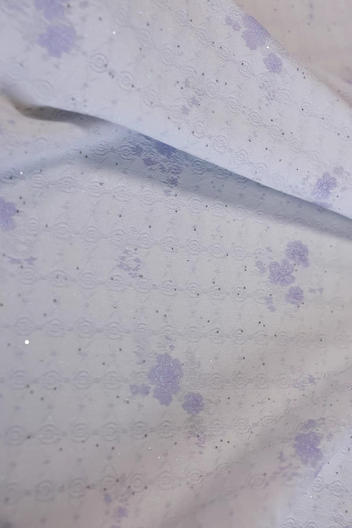 SJKSM011- Jacquard silk wool blend fabric,  57 momme ,white purple, 135cm wide by the yard