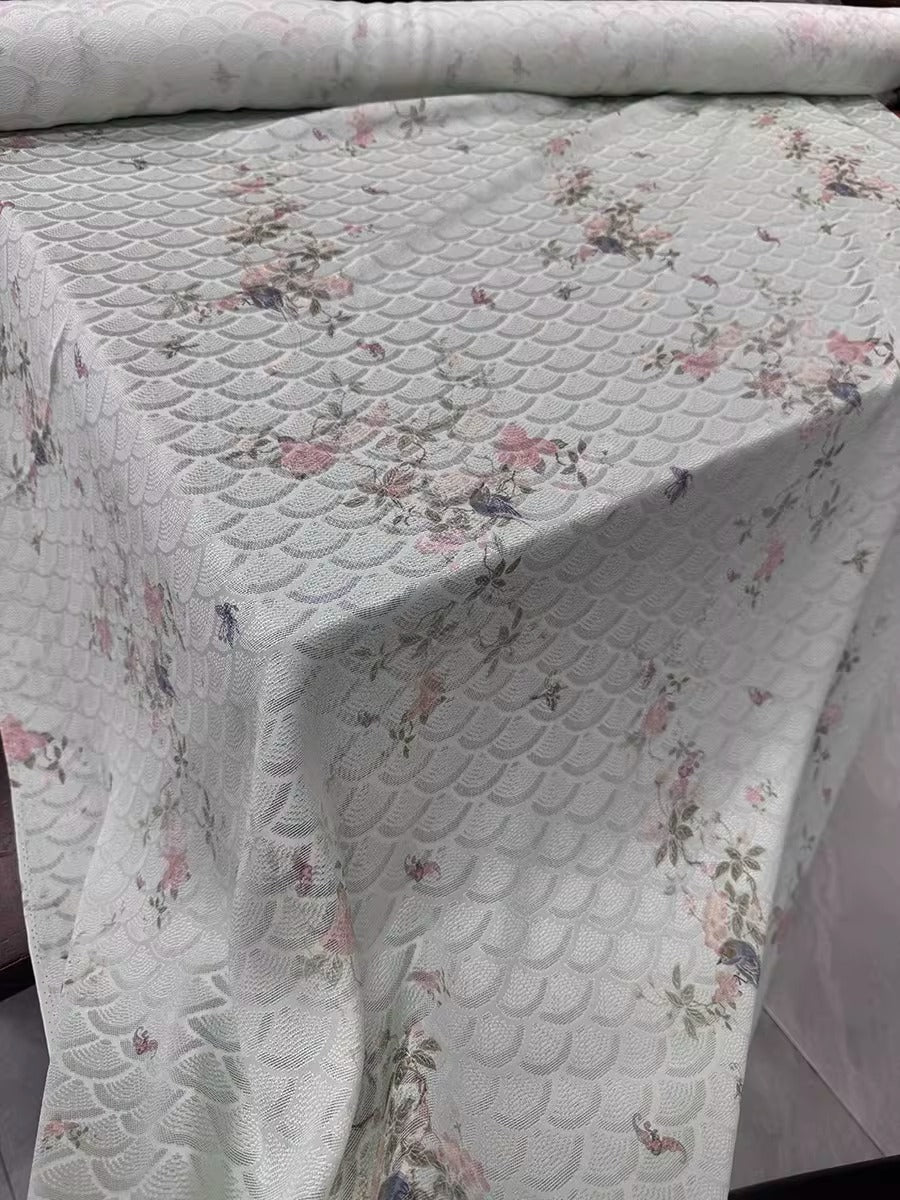 XYLN045 - Leno silk fabric with beautiful prints, crabapple and birds, 114cm wide by the yard