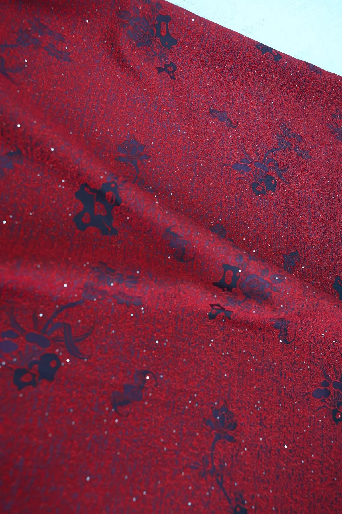 SJKSM016- Jacquard silk wool blend fabric, 57 momme ,deep red, 135cm wide by the yard