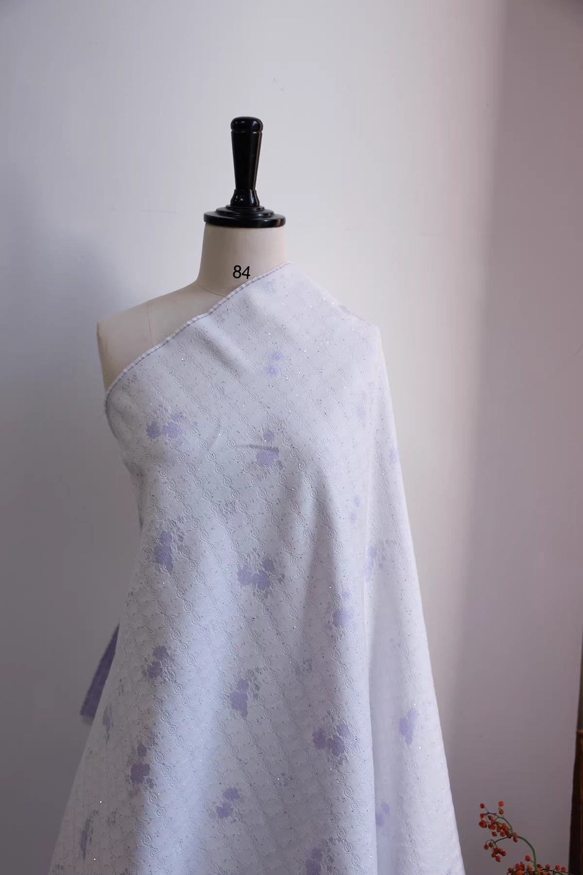 SJKSM011- Jacquard silk wool blend fabric,  57 momme ,white purple, 135cm wide by the yard