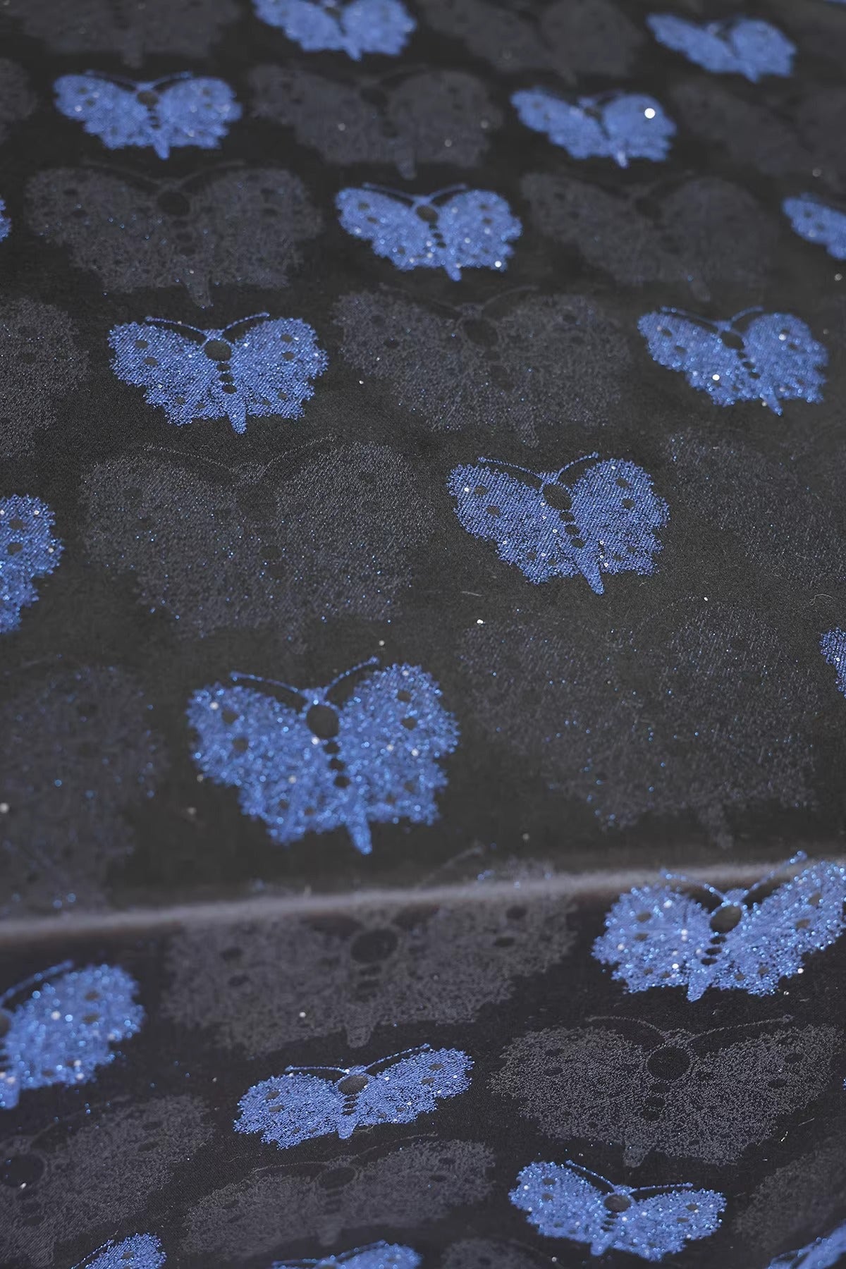 SJKSM013- Jacquard silk wool blend fabric, 45 momme ,butterfly navy blue, 135cm wide by the yard