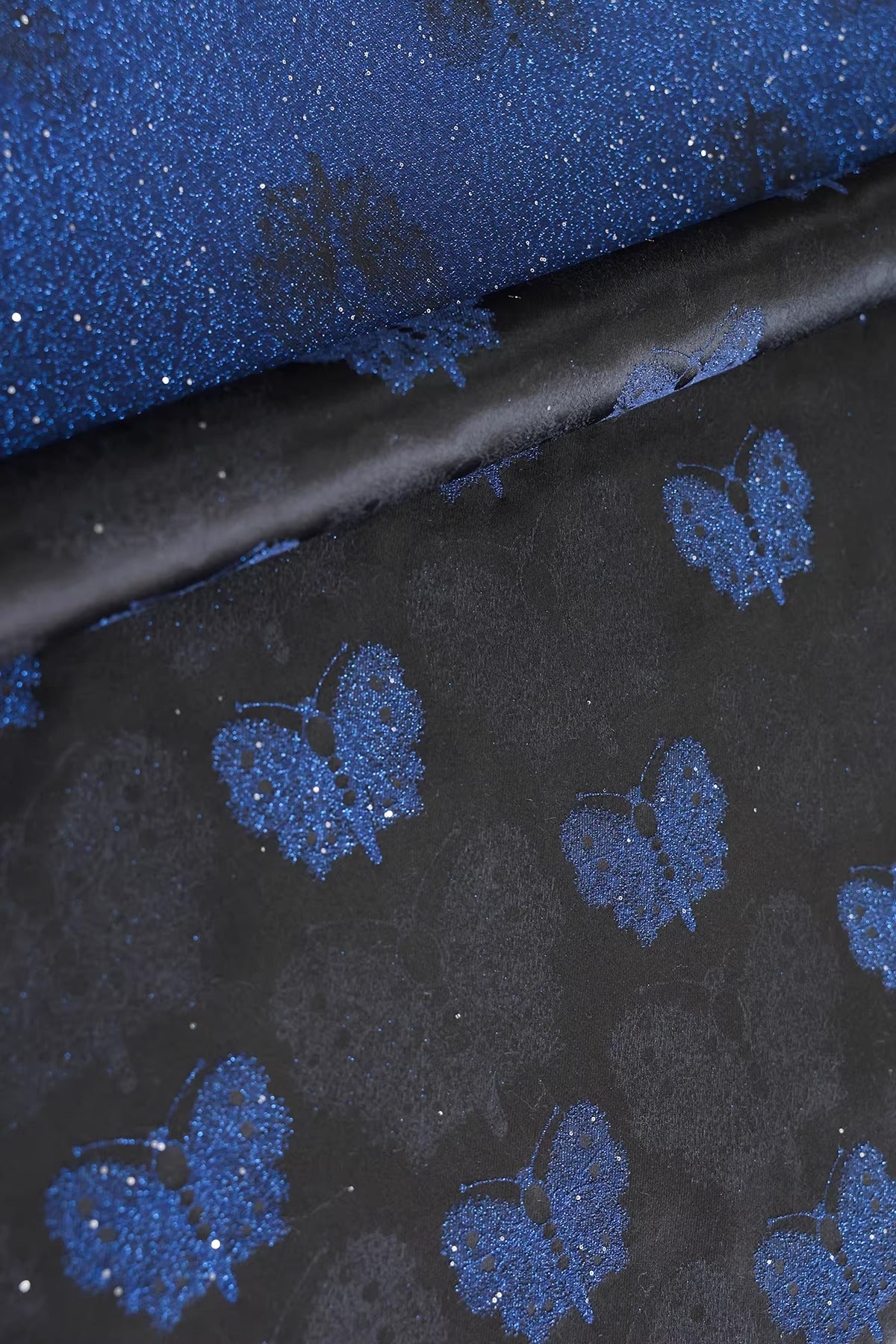 SJKSM013- Jacquard silk wool blend fabric, 45 momme ,butterfly navy blue, 135cm wide by the yard