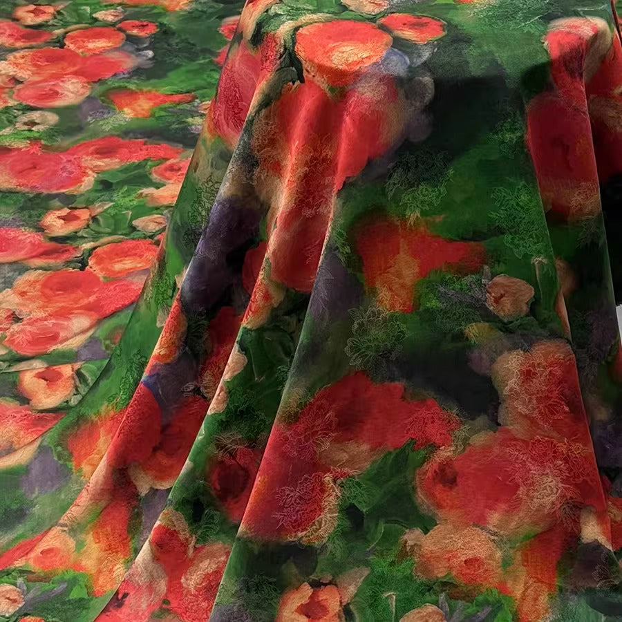 XYHYS 油画玫瑰- Jacquard HUALUO Hongyunsha silk fabric, 25 momme openwork texthture, 110cm by e Yard