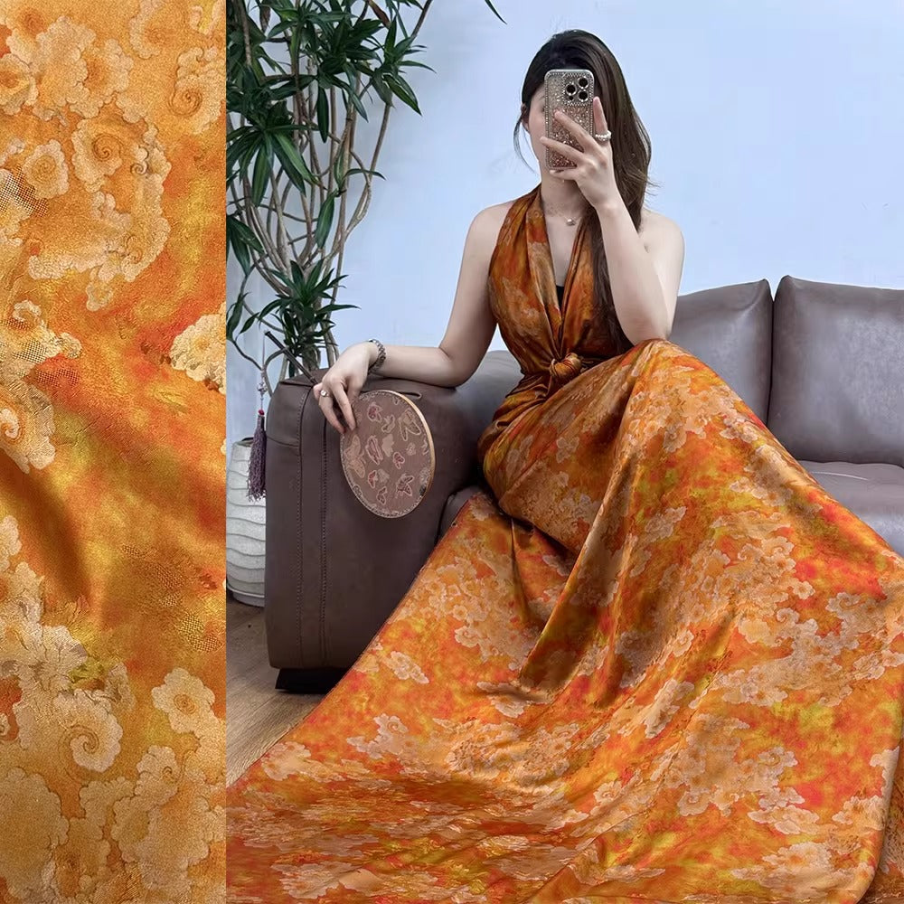 XYHYS 金色祥云- Jacquard HUALUO Hongyunsha silk fabric, 25 momme openwork texture, 110cm by the Yard