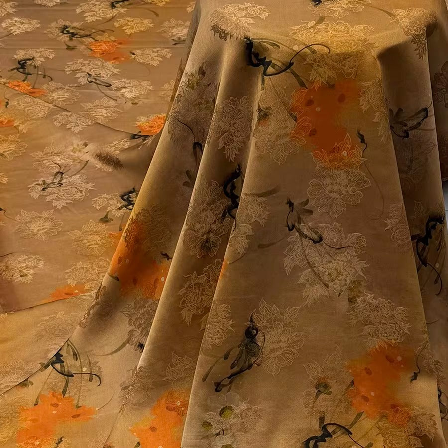 XYHYS 晕染橙花- Jacquard HUALUO Hongyunsha silk fabric, 25 momme openwork texthture, 110cm by e Yard