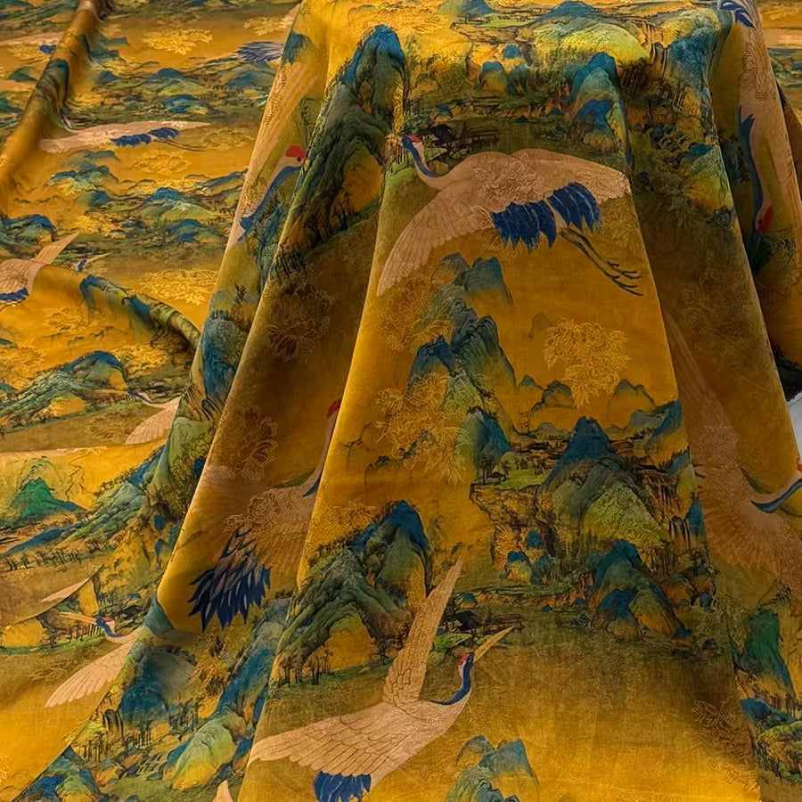 XYHYS 千山鹤影- Jacquard HUALUO Hongyunsha silk fabric, 25 momme openwork texthture, 110cm by e Yard