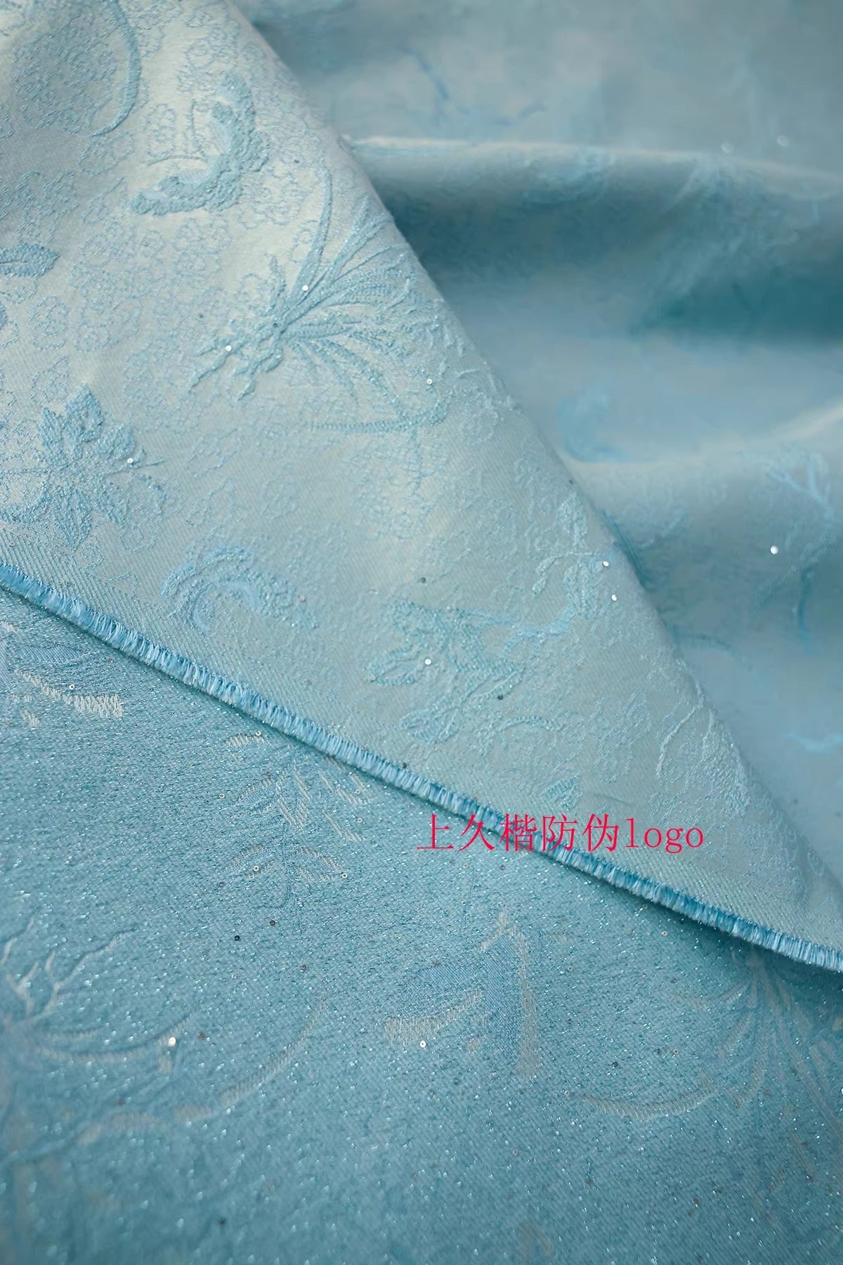 SJKSM005- Jacquard silk wool blend fabric,  54 momme ,pale blue, 135cm wide by the yard