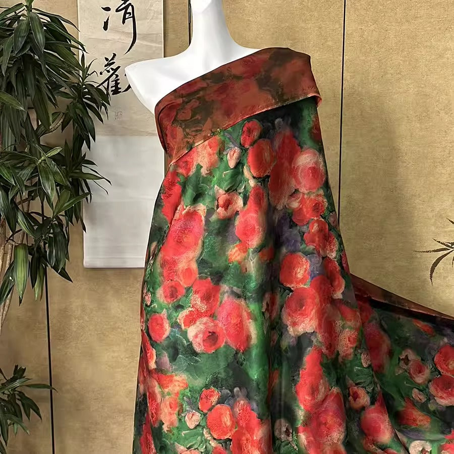 XYHYS 油画蔷薇- Jacquard HUALUO Hongyunsha silk fabric, 25 momme openwork texthture, 110cm by e Yard