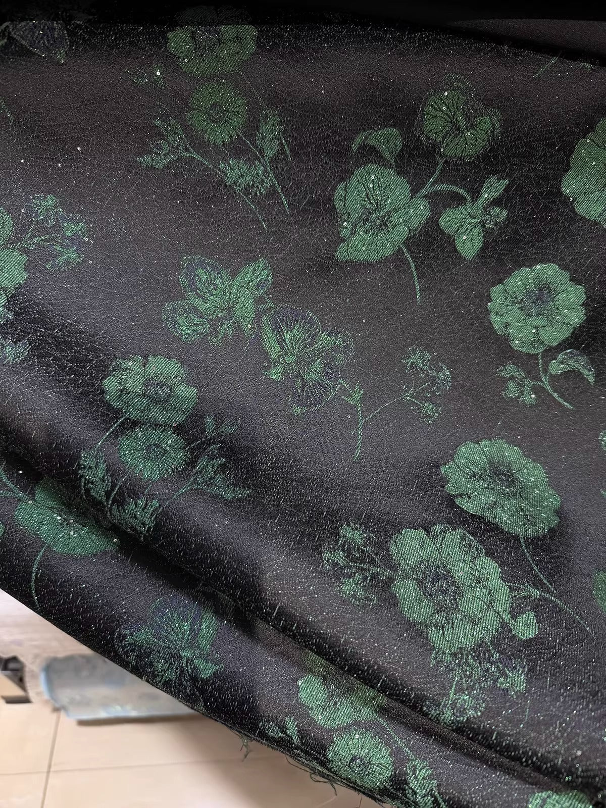 SJKSM006- Jacquard silk wool blend fabric,  57 momme ,flower dark green , 135cm wide by the yard