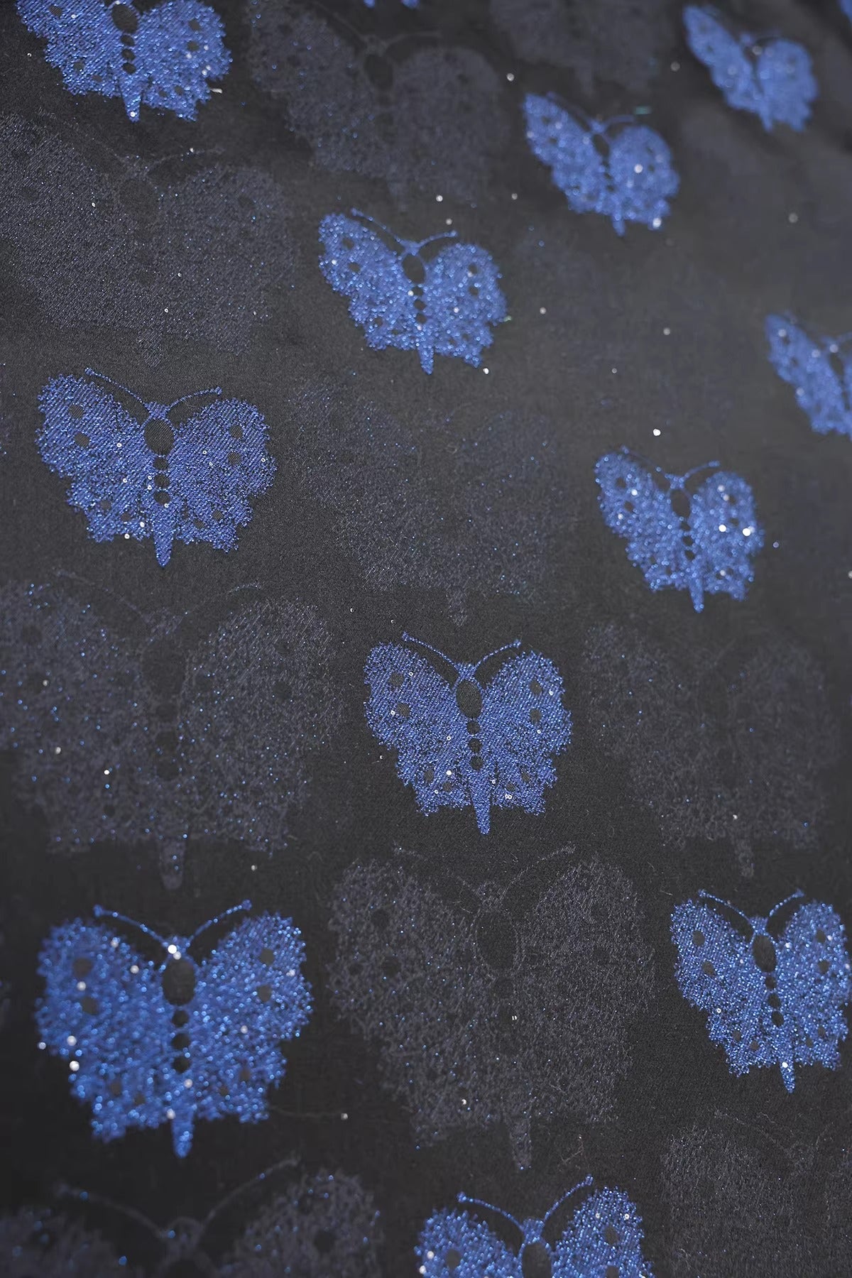 SJKSM013- Jacquard silk wool blend fabric, 45 momme ,butterfly navy blue, 135cm wide by the yard