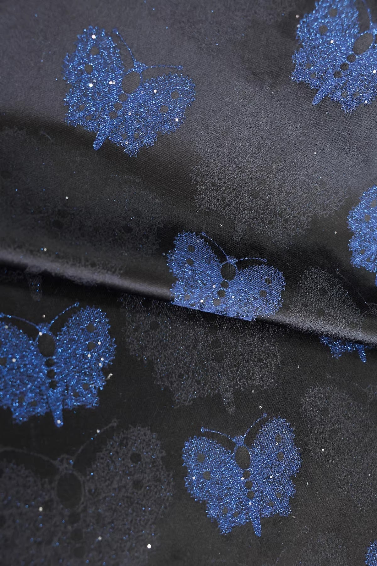 SJKSM013- Jacquard silk wool blend fabric, 45 momme ,butterfly navy blue, 135cm wide by the yard