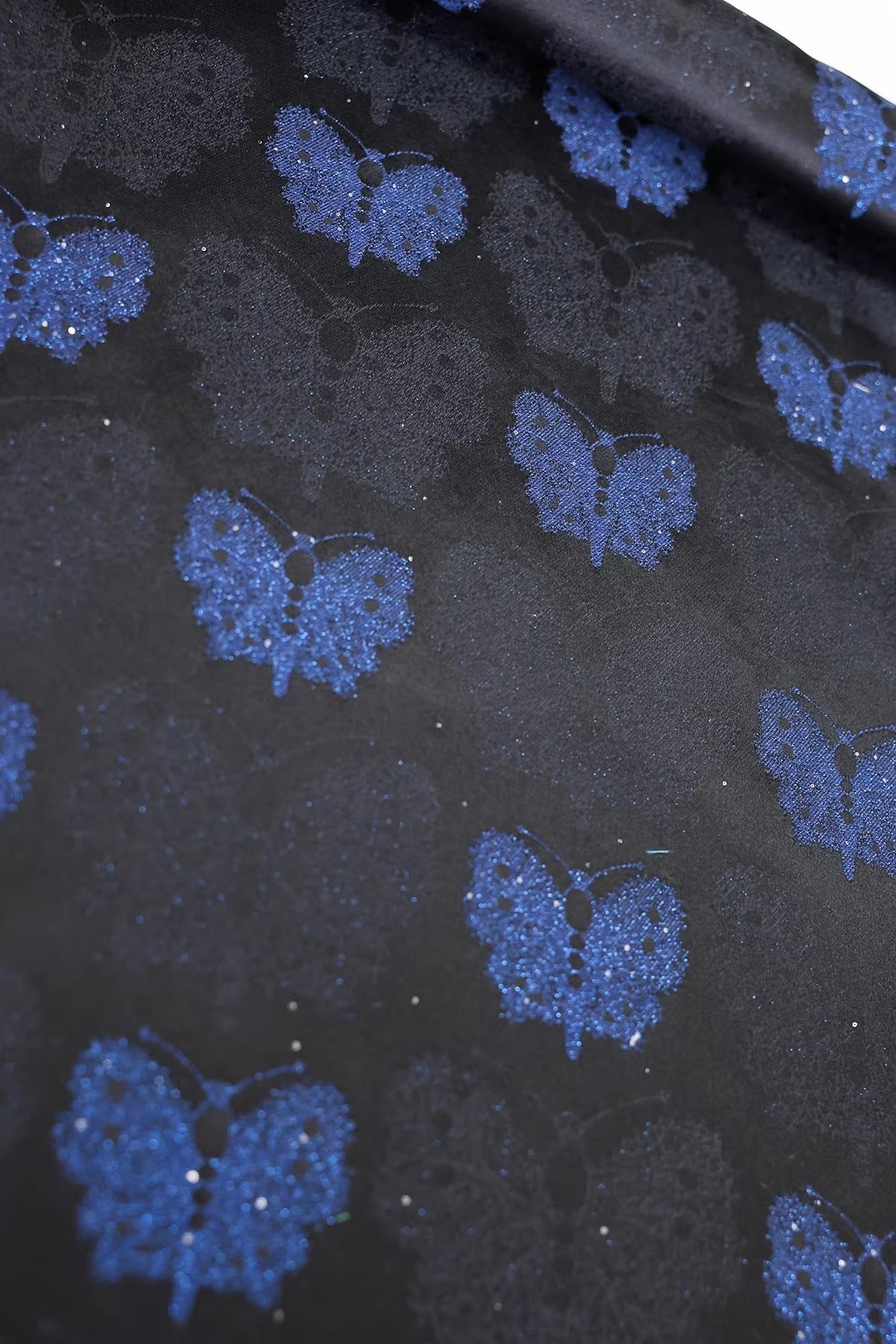 SJKSM013- Jacquard silk wool blend fabric, 45 momme ,butterfly navy blue, 135cm wide by the yard