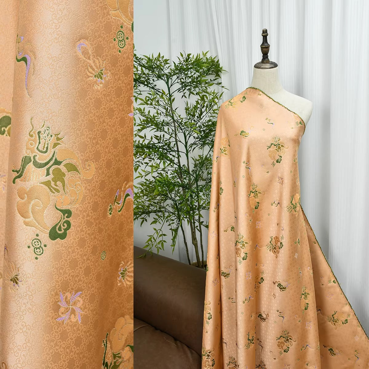 XYLDXSJ 通宝祥云应龙纹橘绿 - Gilt-Thread Song Brocade 织金宋锦, 38 momme 140cm wide by the yard
