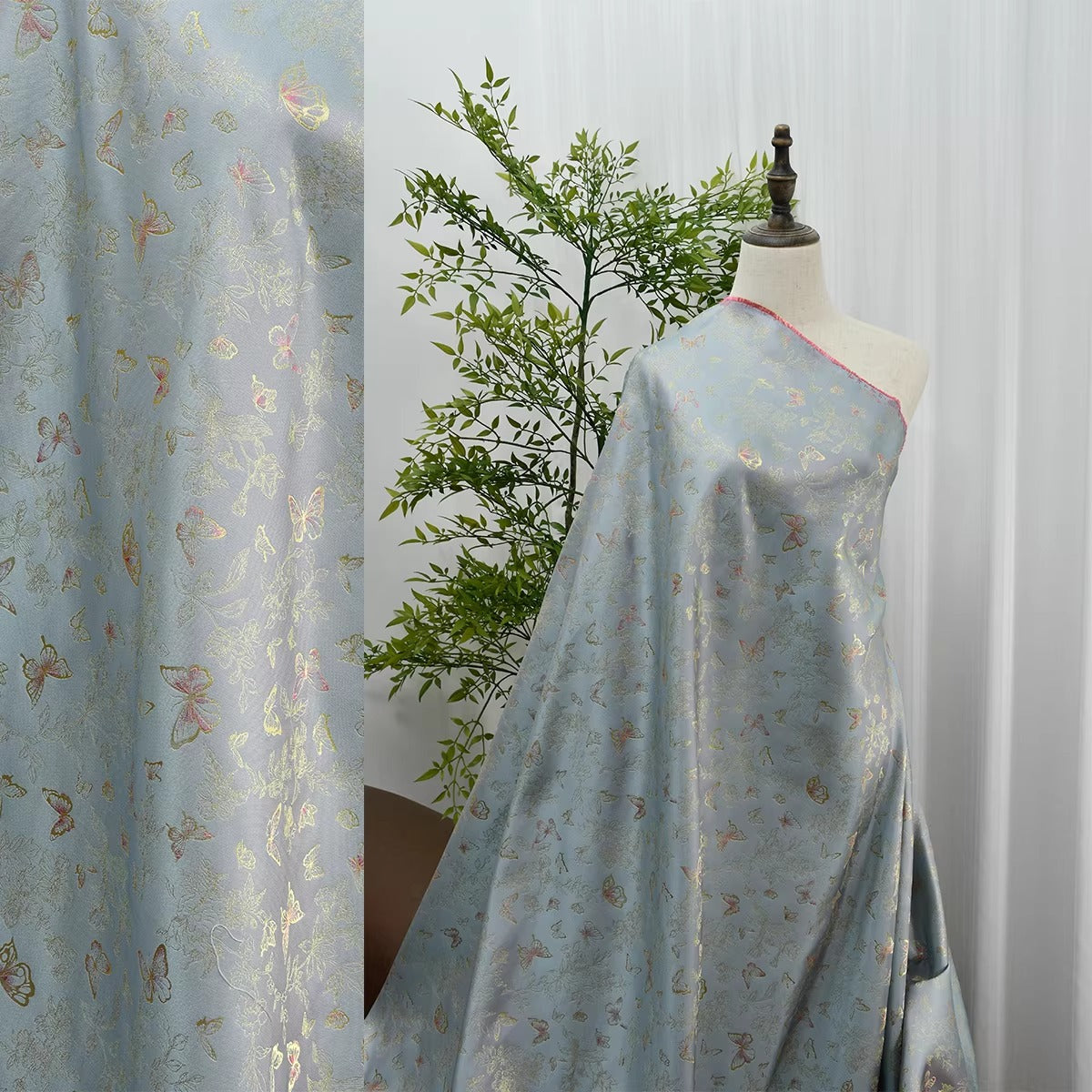 XYLDXSJ 花蝶绮梦蓝粉 - Gilt-Thread Song Brocade 织金宋锦, 38 momme 140cm wide by the yard