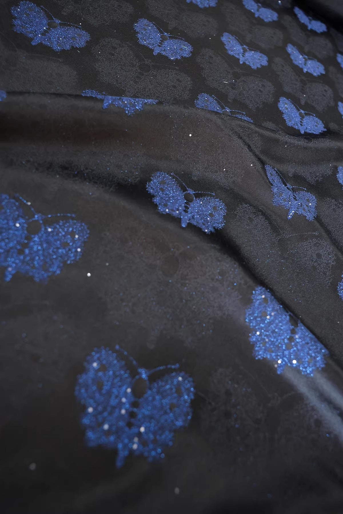 SJKSM013- Jacquard silk wool blend fabric, 45 momme ,butterfly navy blue, 135cm wide by the yard