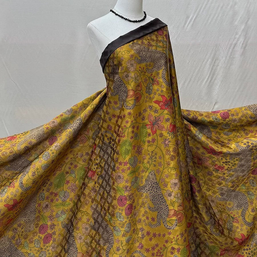 花间豹影  Mud Silk fabric, Jacquard HUALUO, 25 momme 110cm wide by the Yard