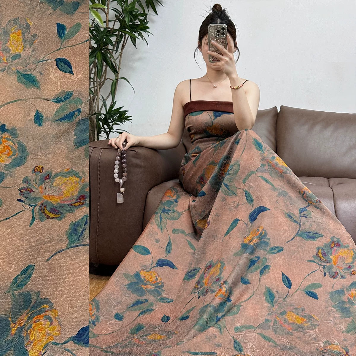 XYYYHD - Plant dyed HongYunSha Silk fabric, Openwork HUALUO, 26 momme 110cm wide by the Yard