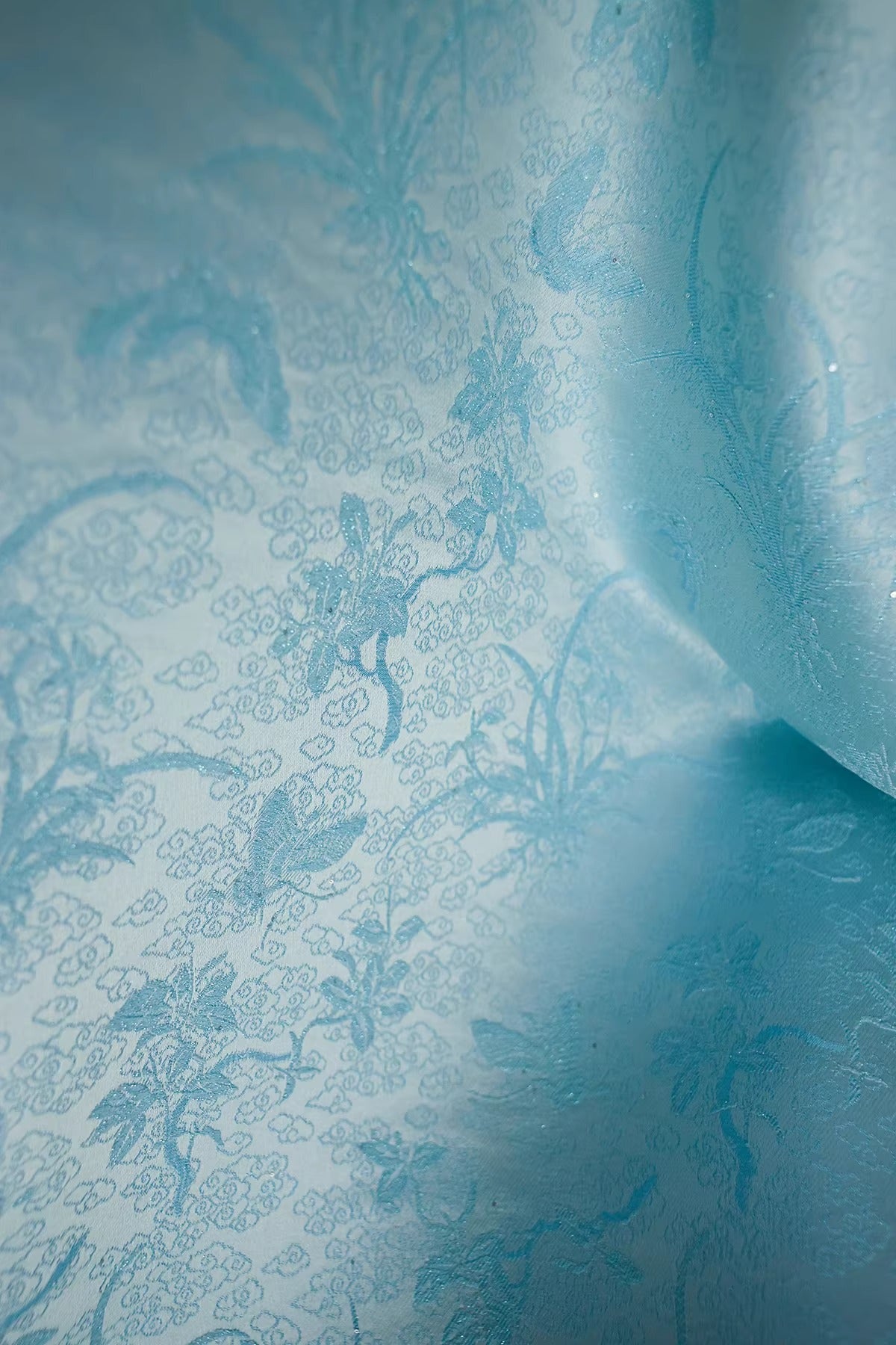 SJKSM005- Jacquard silk wool blend fabric,  54 momme ,pale blue, 135cm wide by the yard