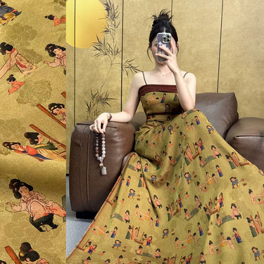 仕女捣练图 Mud Silk fabric, Jacquard HUALUO, 25 momme 110cm wide by the Yard