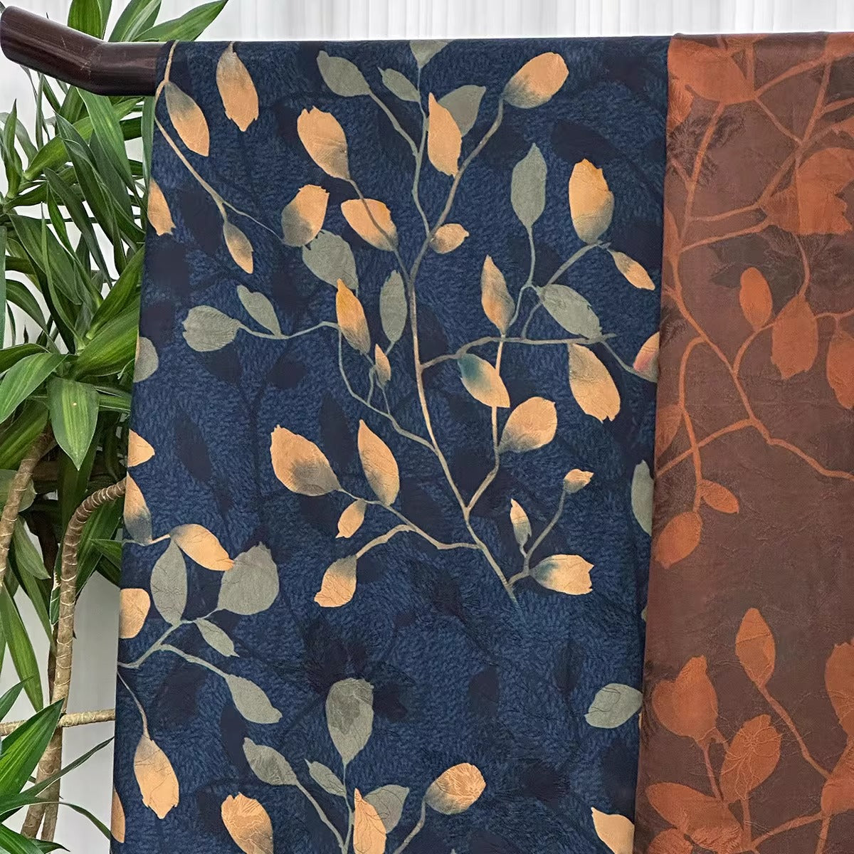 XYHYS 蓝底枝叶- Jacquard HUALUO Hongyunsha silk fabric, 26 momme openwork texture, 110cm by the Yard