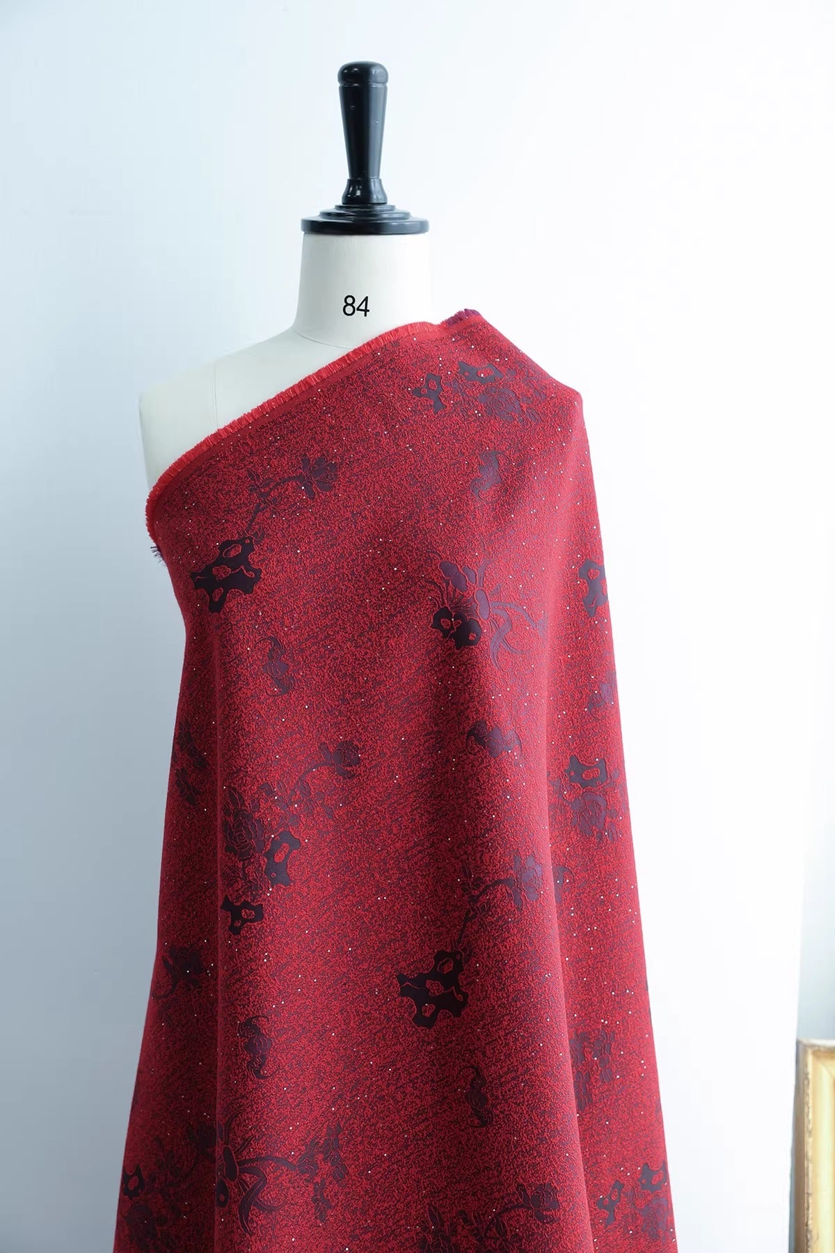 SJKSM016- Jacquard silk wool blend fabric, 57 momme ,deep red, 135cm wide by the yard