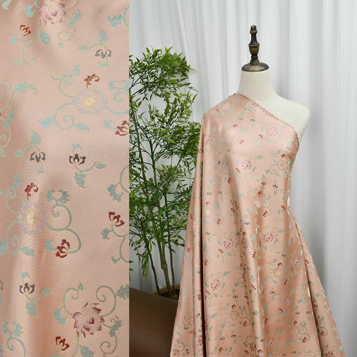XYLDXSJ 花团锦簇粉绿 - Gilt-Thread Song Brocade 织金宋锦, 38 momme 140cm wide by the yard