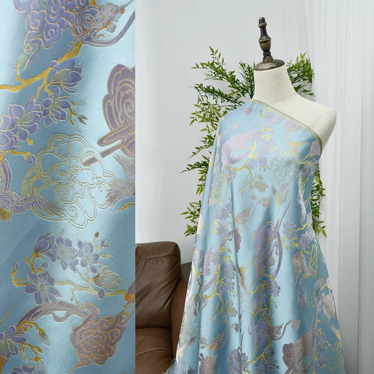 XYLDXSJ 云鹤蓝金 - Gilt-Thread Song Brocade 织金宋锦, 38 momme 140cm wide by the yard