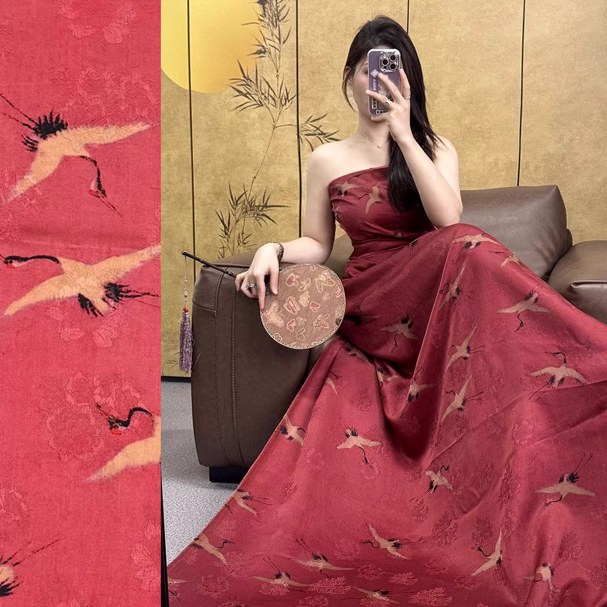 XYHYS 红色瑞鹤图- Jacquard HUALUO Hongyunsha silk fabric, 25 momme openwork texthture, 110cm by e Yard
