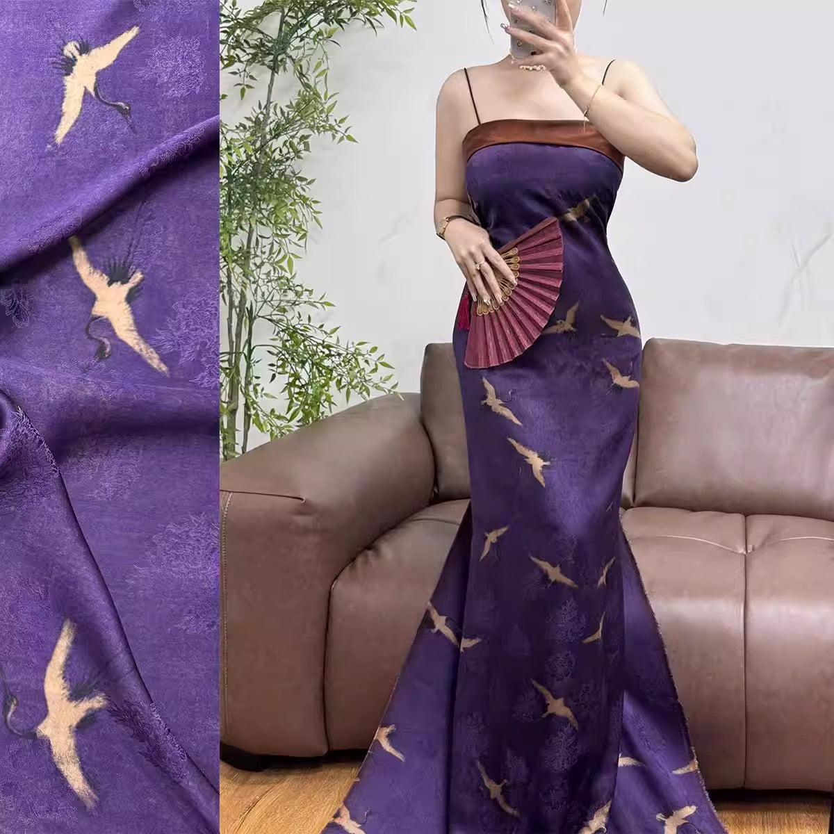 XYHYS 紫色瑞鹤图- Jacquard HUALUO Hongyunsha silk fabric, 26 momme openwork texture, 110cm by the Yard