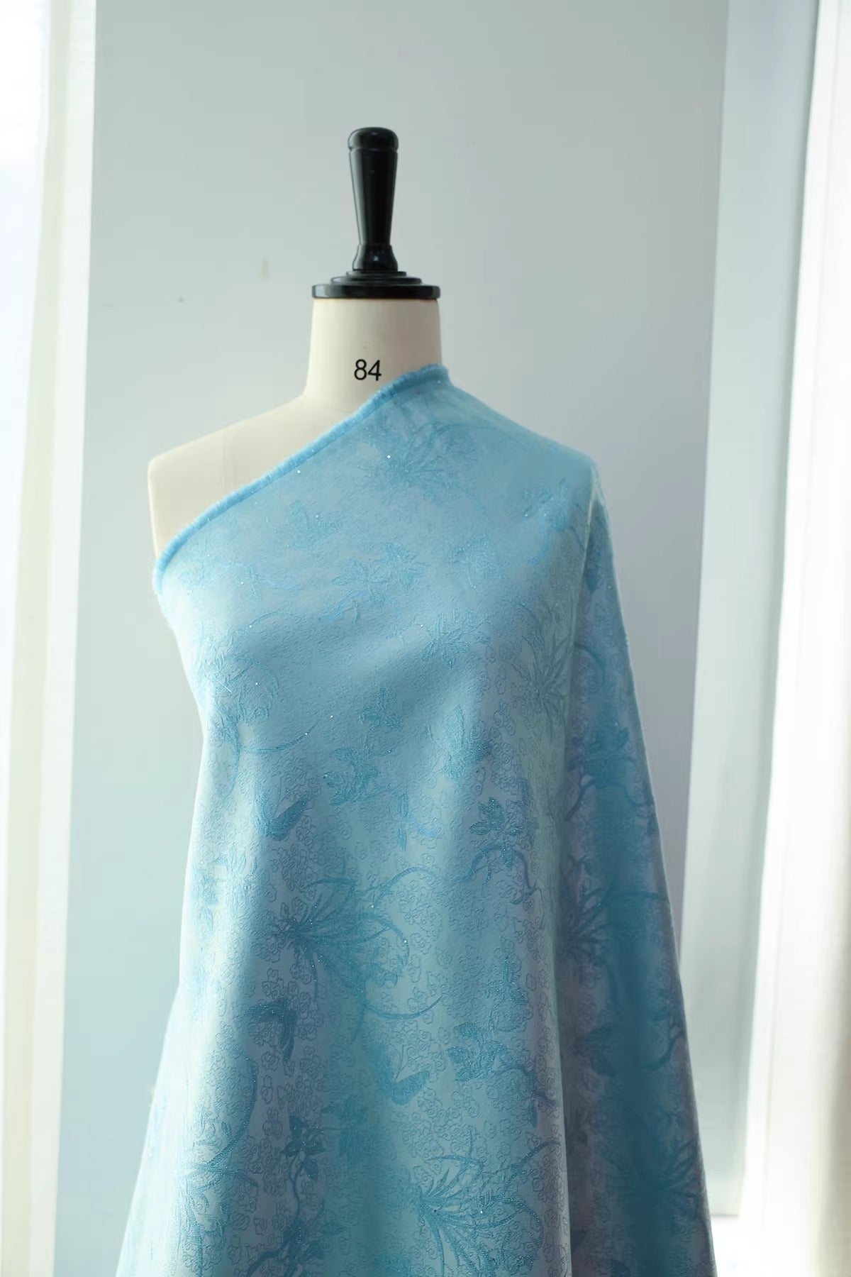 SJKSM005- Jacquard silk wool blend fabric,  54 momme ,pale blue, 135cm wide by the yard