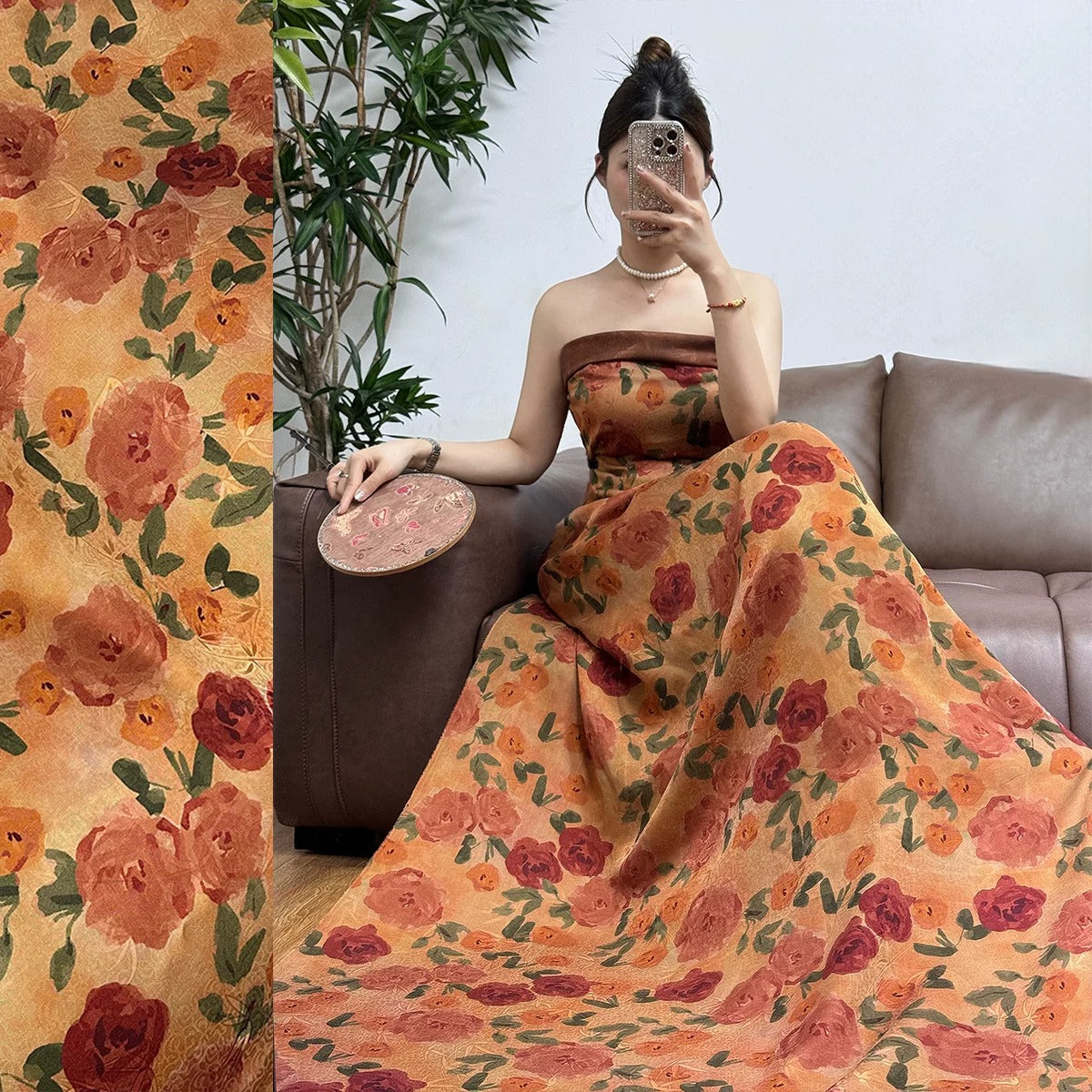 XYJSHA - Plant dyed HongYunSha Silk fabric, Openwork HUALUO, 25 momme 110cm wide by the Yard
