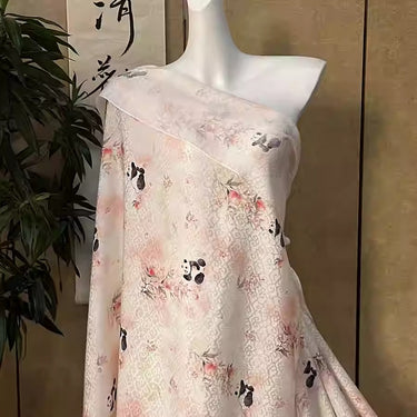XYLN043 - Leno silk fabric with beautiful prints, panda and peach, 114cm wide by the yard