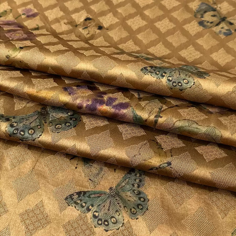 蝶舞花间   Mud Silk fabric, Jacquard HUALUO, 25 momme 110cm wide by the Yard