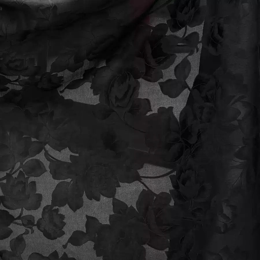 单黑莲花 Mud Silk fabric, Jacquard HUALUO, 25 momme 110cm wide by the Yard