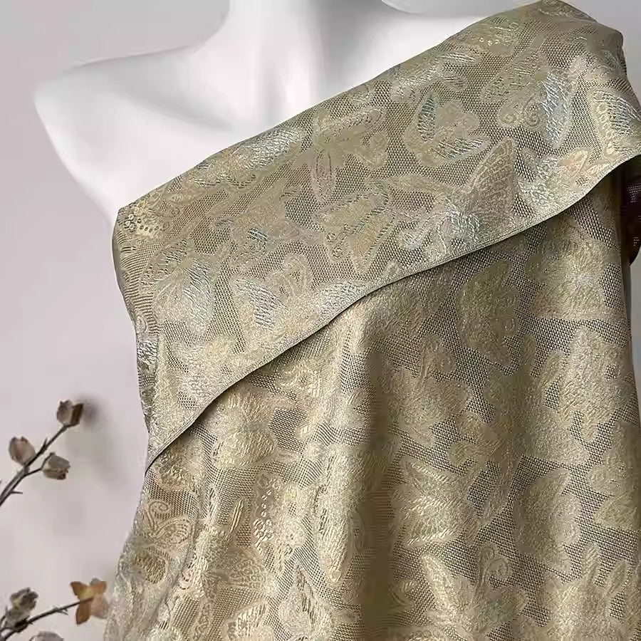 XYLN038 - Leno silk fabric, Gold weave Yarn-dyed, gold butterfly , 25 momme 114cm wide by the yard