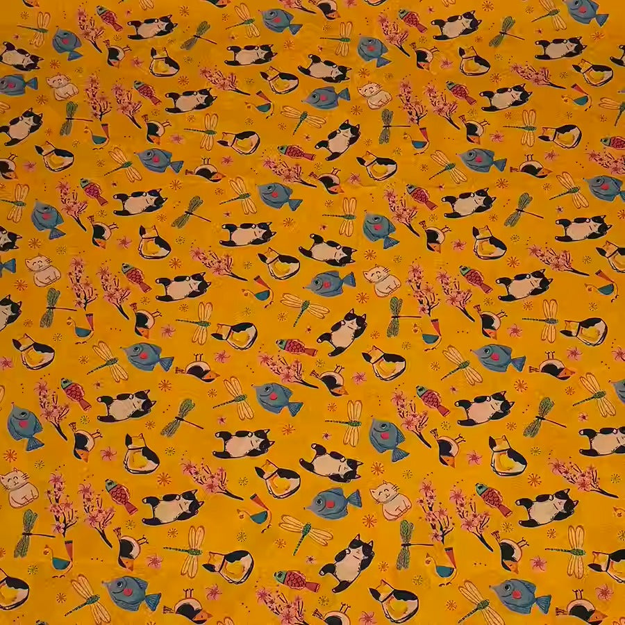 XYHYS 猫鱼鸟蜻蜓- Jacquard HUALUO Hongyunsha silk fabric, 25 momme openwork texthture, 110cm by e Yard
