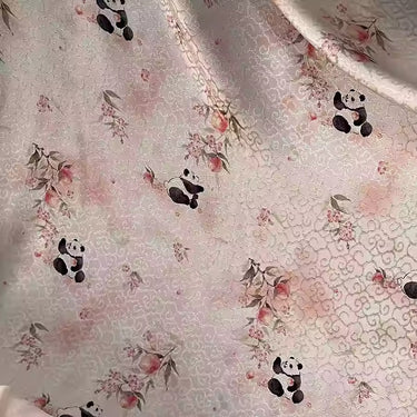 XYLN043 - Leno silk fabric with beautiful prints, panda and peach, 114cm wide by the yard