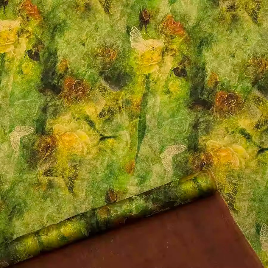 XYHYS 翠绿蝴蝶- Jacquard HUALUO Hongyunsha silk fabric, 25 momme openwork texthture, 110cm by e Yard