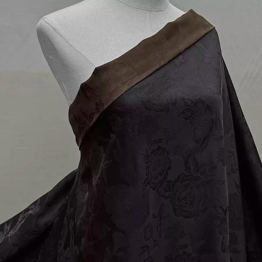 单黑牡丹 Mud Silk fabric, Jacquard HUALUO, 25 momme 110cm wide by the Yard