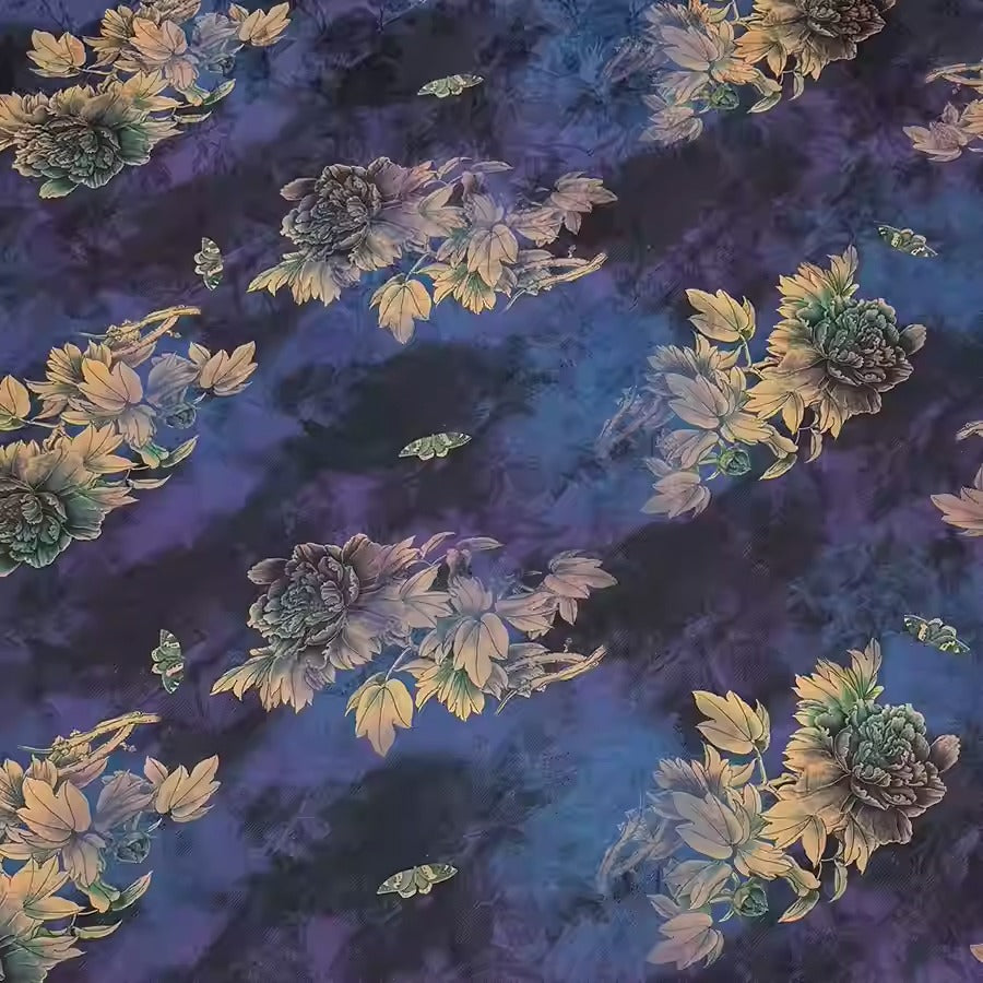 XYHYS 幽蓝牡丹- Jacquard HUALUO Hongyunsha silk fabric, 25 momme openwork texthture, 110cm by e Yard