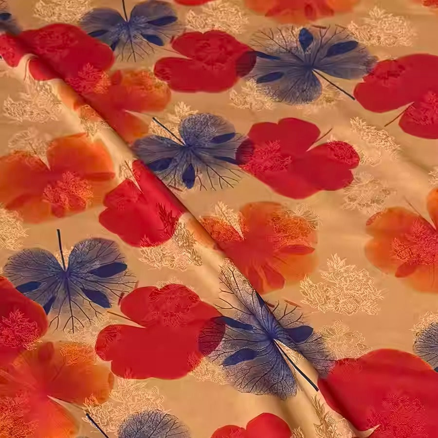 XYHYS 紫红落叶- Jacquard HUALUO Hongyunsha silk fabric, 25 momme openwork texthture, 110cm by e Yard