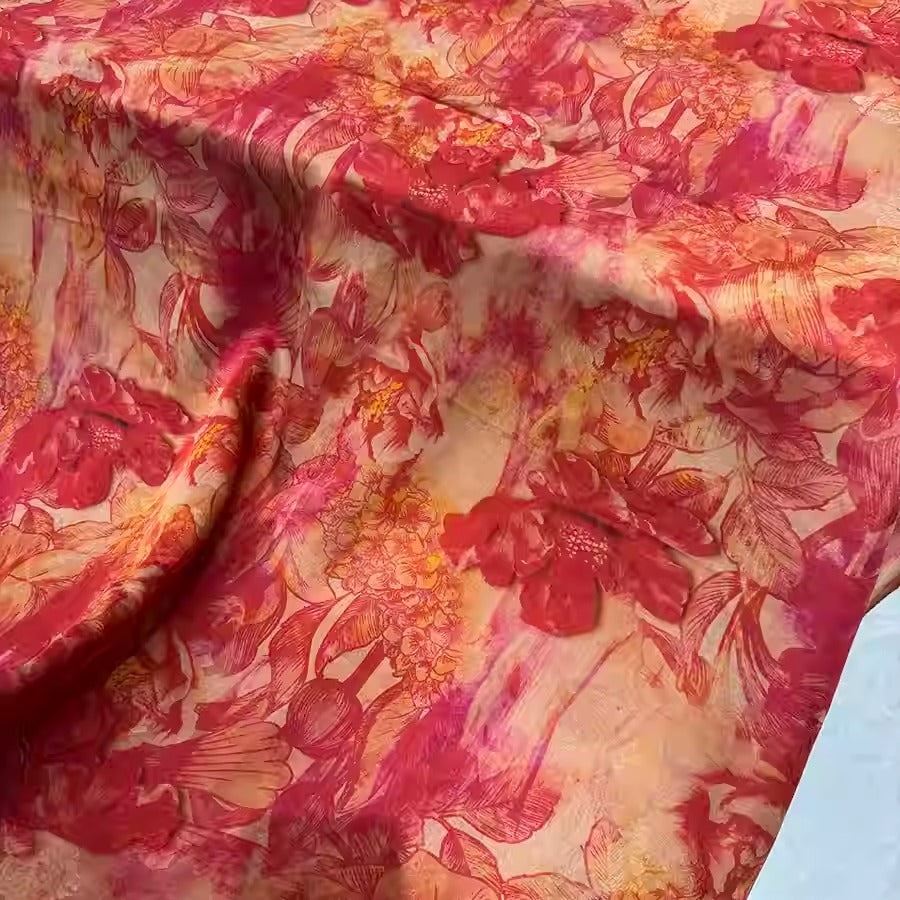 XYHYS 红色大花- Jacquard HUALUO Hongyunsha silk fabric, 25 momme openwork texthture, 110cm by e Yard